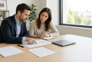 Deux professionnels relisent ensemble un document clairement structuré dans un bureau lumineux.